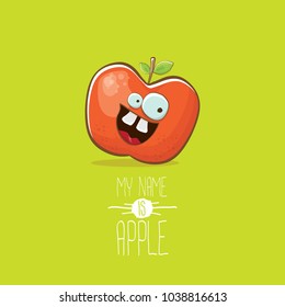 vector funny cartoon cute red apple character isolated on summer green background. My name is apple vector concept. super funky fruit summer food character