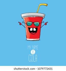 Vector Funny Cartoon Cute Red Paper Cola Cup With Straw Isolated On Blue Background. My Name Is Cola Vector Concept. Funky Hipster Coke Character Icon