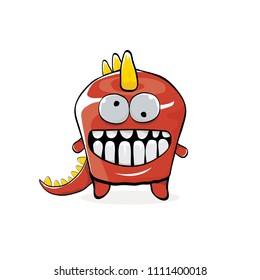 vector funny cartoon cute red monster dinosaur isolated on white background. Vector funny red mascot dragon . Hand drawn Dino logo design template