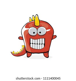 vector funny cartoon cute red monster dinosaur isolated on white background. Vector funny red mascot dragon . Hand drawn Dino logo design template