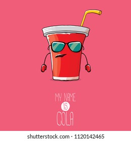 vector funny cartoon cute red paper cola cup with straw isolated on pink background. My name is cola vector concept. funky hipster coke character icon