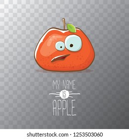 vector funny cartoon cute red apple character isolated on transparent background. My name is apple vector concept. super funky fruit summer food character