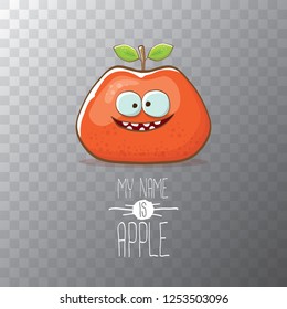 vector funny cartoon cute red apple character isolated on transparent background. My name is apple vector concept. super funky fruit summer food character