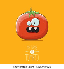 vector funny cartoon cute red smiling tomato character isolated on orange background. My name is tomato. summer vegetable funky character