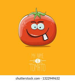 vector funny cartoon cute red smiling tomato character isolated on orange background. My name is tomato. summer vegetable funky character