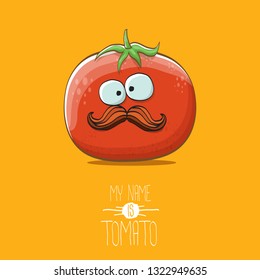vector funny cartoon cute red smiling tomato character isolated on orange background. My name is tomato. summer vegetable funky character