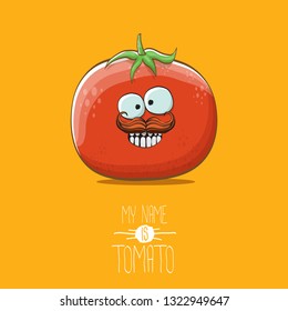 vector funny cartoon cute red smiling tomato character isolated on orange background. My name is tomato. summer vegetable funky character