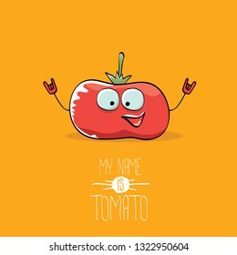 vector funny cartoon cute red smiling tomato character isolated on orange background. My name is tomato. vegetable funky character