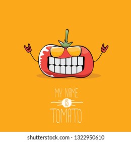 vector funny cartoon cute red smiling tomato character isolated on orange background. My name is tomato. vegetable funky character