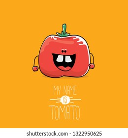 vector funny cartoon cute red smiling tomato character isolated on orange background. My name is tomato. vegetable funky character