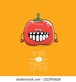 vector funny cartoon cute red smiling tomato character isolated on orange background. My name is tomato. vegetable funky character