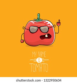 vector funny cartoon cute red smiling tomato character isolated on orange background. My name is tomato. vegetable funky character