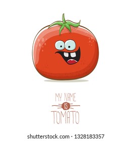 vector funny cartoon cute red smiling tomato character isolated on white background. My name is tomato. summer vegetable funky character