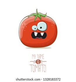 vector funny cartoon cute red smiling tomato character isolated on white background. My name is tomato. summer vegetable funky character
