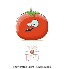 vector funny cartoon cute red smiling tomato character isolated on white background. My name is tomato. summer vegetable funky character