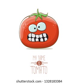 vector funny cartoon cute red smiling tomato character isolated on white background. My name is tomato. summer vegetable funky character