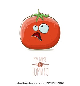 vector funny cartoon cute red smiling tomato character isolated on white background. My name is tomato. summer vegetable funky character
