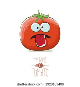 vector funny cartoon cute red smiling tomato character isolated on white background. My name is tomato. summer vegetable funky character