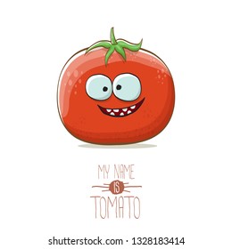 vector funny cartoon cute red smiling tomato character isolated on white background. My name is tomato. summer vegetable funky character