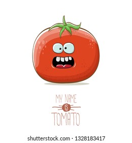 vector funny cartoon cute red smiling tomato character isolated on white background. My name is tomato. summer vegetable funky character