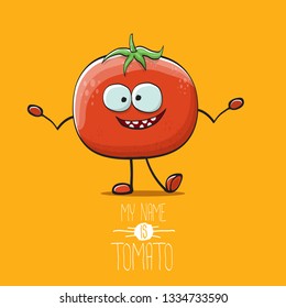 vector funny cartoon cute red smiling tomato character isolated on orange background. My name is tomato. summer vegetable funky character