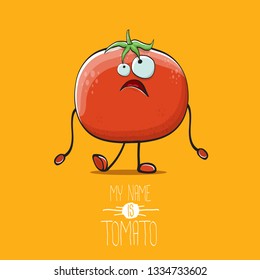 vector funny cartoon cute red smiling tomato character isolated on orange background. My name is tomato. summer vegetable funky character