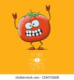 vector funny cartoon cute red smiling tomato character isolated on orange background. My name is tomato. summer vegetable funky character