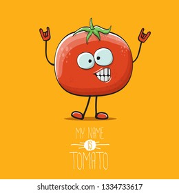 vector funny cartoon cute red smiling tomato character isolated on orange background. My name is tomato. summer vegetable funky character
