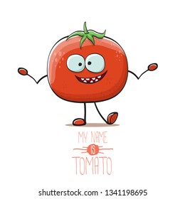 vector funny cartoon cute red smiling tomato character isolated on white background. My name is tomato. summer vegetable funky character