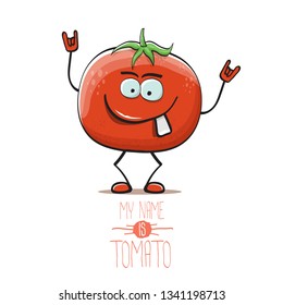 vector funny cartoon cute red smiling tomato character isolated on white background. My name is tomato. summer vegetable funky character