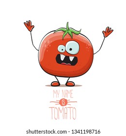 vector funny cartoon cute red smiling tomato character isolated on white background. My name is tomato. summer vegetable funky character