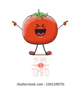 vector funny cartoon cute red smiling tomato character isolated on white background. My name is tomato. summer vegetable funky character