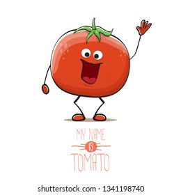 vector funny cartoon cute red smiling tomato character isolated on white background. My name is tomato. summer vegetable funky character
