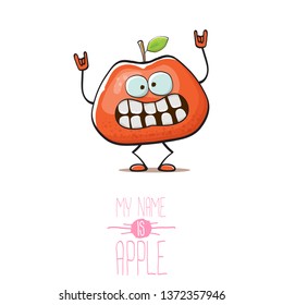 vector funny cartoon cute red apple character isolated on white background. My name is apple vector concept. super funky fruit summer food character 