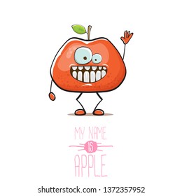 vector funny cartoon cute red apple character isolated on white background. My name is apple vector concept. super funky fruit summer food character 