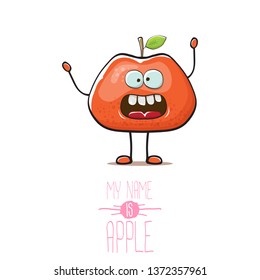 vector funny cartoon cute red apple character isolated on white background. My name is apple vector concept. super funky fruit summer food character 