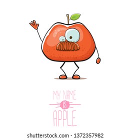 vector funny cartoon cute red apple character isolated on white background. My name is apple vector concept. super funky fruit summer food character 