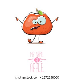 vector funny cartoon cute red apple character isolated on white background. My name is apple vector concept. super funky fruit summer food character 