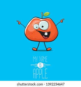 vector funny cartoon cute red apple character isolated on blue background. My name is apple vector concept. super funky fruit summer food character