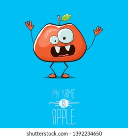 vector funny cartoon cute red apple character isolated on blue background. My name is apple vector concept. super funky fruit summer food character