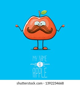 vector funny cartoon cute red apple character isolated on blue background. My name is apple vector concept. super funky fruit summer food character
