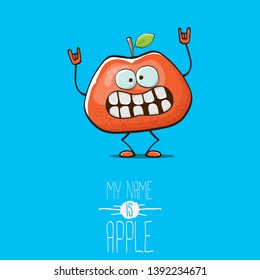 vector funny cartoon cute red apple character isolated on blue background. My name is apple vector concept. super funky fruit summer food character