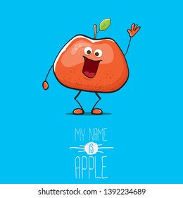 vector funny cartoon cute red apple character isolated on blue background. My name is apple vector concept. super funky fruit summer food character