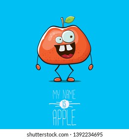vector funny cartoon cute red apple character isolated on blue background. My name is apple vector concept. super funky fruit summer food character