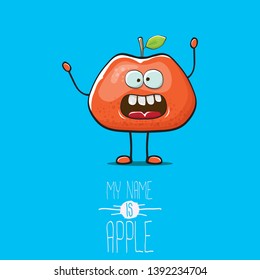 vector funny cartoon cute red apple character isolated on blue background. My name is apple vector concept. super funky fruit summer food character