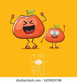 vector funny cartoon cute red apple character isolated on orange background. My name is apple vector concept. super funky fruit summer food character