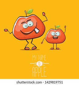 vector funny cartoon cute red apple character isolated on orange background. My name is apple vector concept. super funky fruit summer food character
