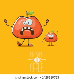 vector funny cartoon cute red apple character isolated on orange background. My name is apple vector concept. super funky fruit summer food character