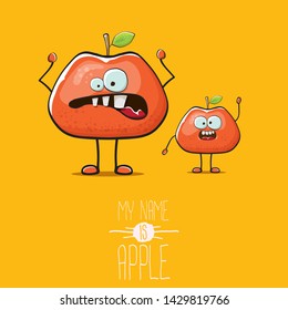 vector funny cartoon cute red apple character isolated on orange background. My name is apple vector concept. super funky fruit summer food character
