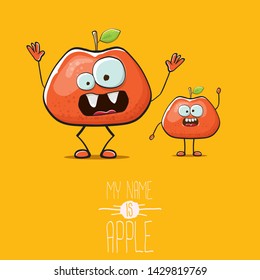 vector funny cartoon cute red apple character isolated on orange background. My name is apple vector concept. super funky fruit summer food character